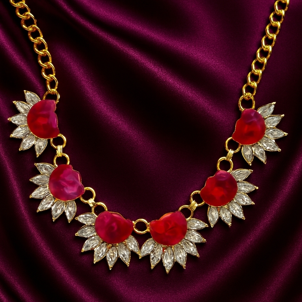 Women's Gold Floral Statement Necklace – Red Gem Glamorous  Dazzling Crystal 18"